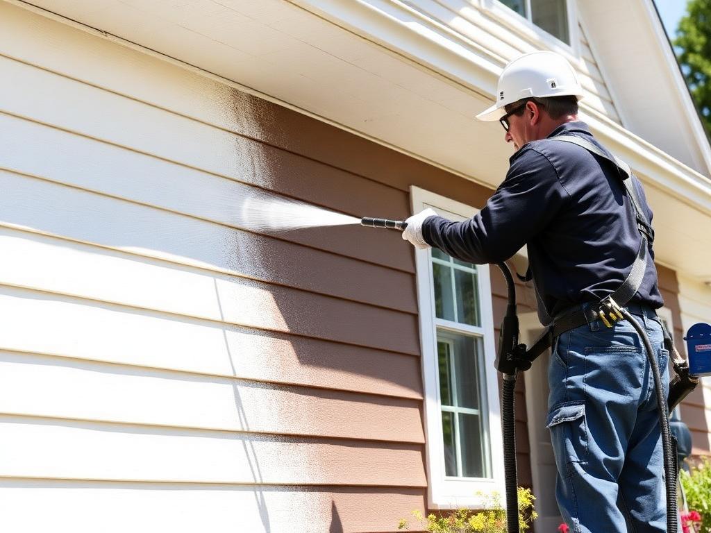 Technician soft washing the siding of a suburban home
